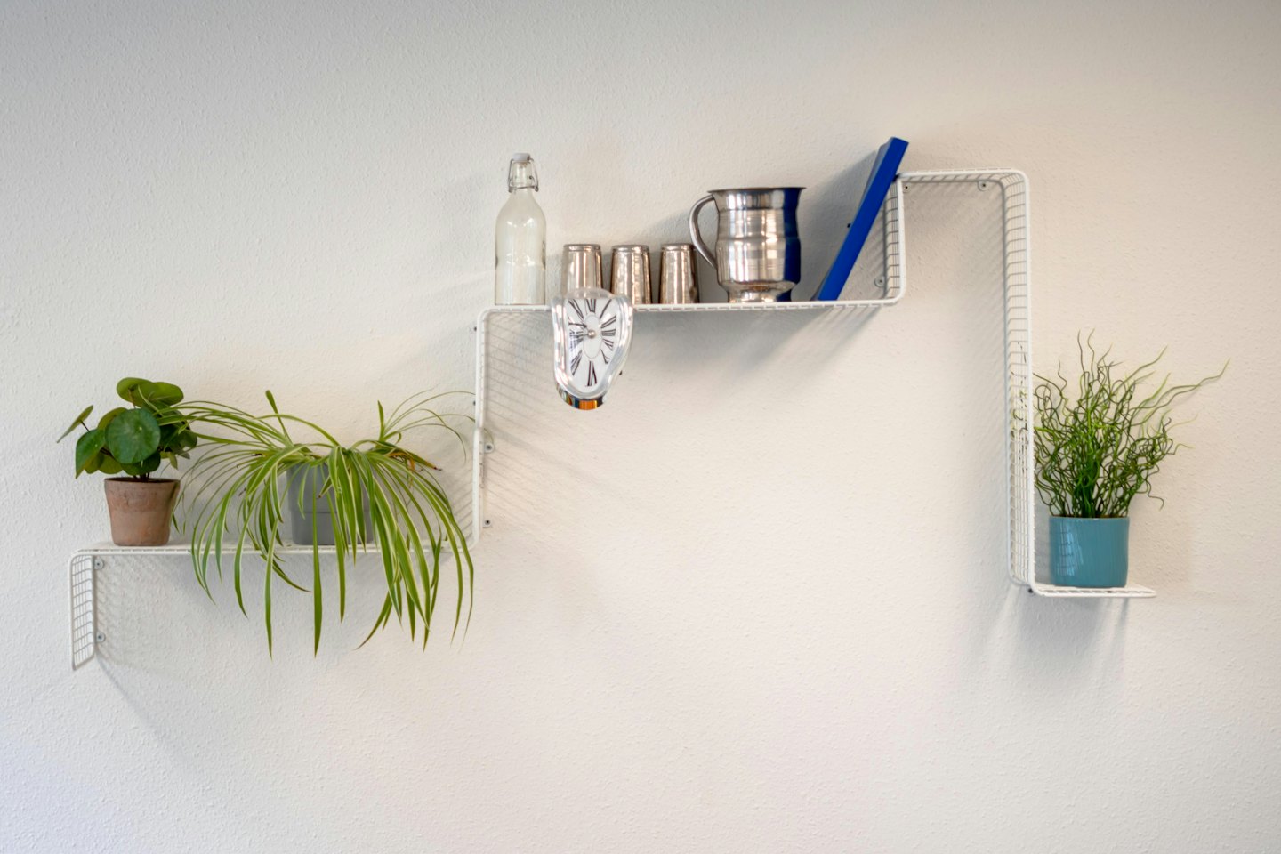 Three metal grid shelves holding plants and decor on a wall.
